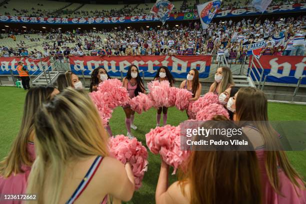 Cheerleaders of Fortaleza perform before a match between Fortaleza and Atletico MG as part of Copa do Brasil Semi-Finals 2021 at Castelao Stadium on...
