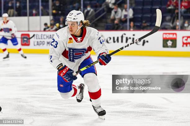 Laval Rocket left wing Michael Pezzetta tracks the play during the Toronto Marlies versus the Laval Rocket game on October 27 at Place Bell in Laval,...