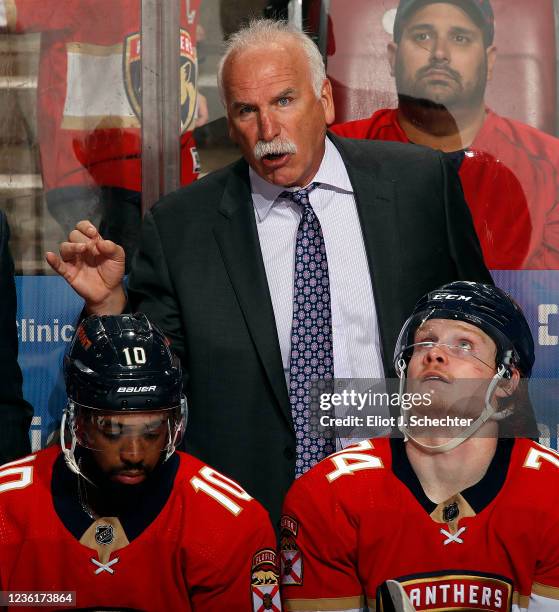 Florida Panthers Head Coach Joel Quenneville monitors game progress from the bench against the Boston Bruins at the FLA Live Arena on October 27,...