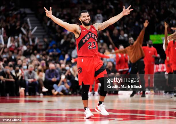 Fred VanVleet of the Toronto Raptors celebrates against the Indiana Pacers during the second half of the basketball game at Scotiabank Arena on...