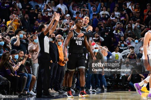 Harrison Barnes of the Sacramento Kings reacts after making the game winning shot against the Phoenix Suns on OCTOBER 27, 2021 at Footprint Center in...