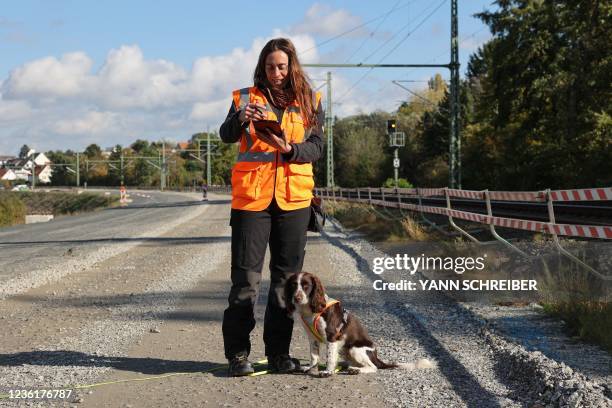 Trainer Alexandra Hoerand uses a tablet to log endangered species as her Cocker Spaniel Monte sits next to her during a demonstration by German rail...