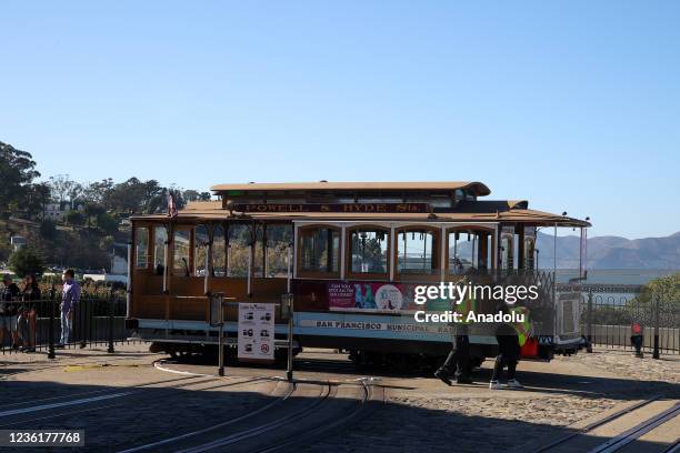 San Francisco's famous cable car is seen on Hyde Street in San Francisco, California, United States on October 27, 2021.