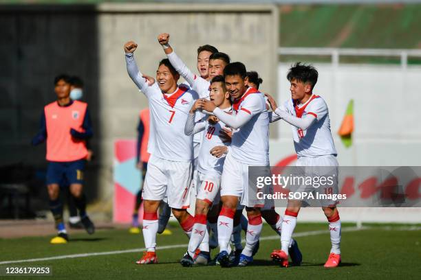 Players of Mongolia celebrates a goal during the AFC U23 Asian Cup Uzbekistan 2022 Group J qualifying round between Thailand and Mongolia at the MFF...