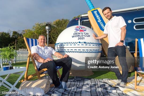 Darren Gough and Harry Judd attend the Booking.com T20 Pavilion Ultimate Cricket Stay media launch on October 28, 2021 in London, England.