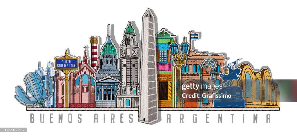 Buenos Aires Argentina drawing with important buildings