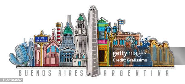 buenos aires argentina drawing with important buildings - obelisco-de-buenos-aires stock illustrations