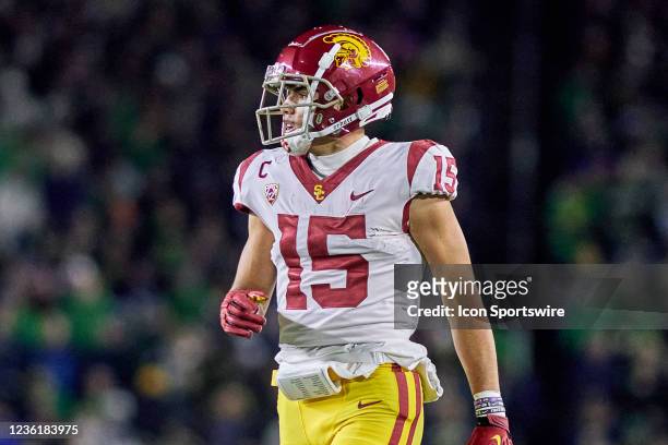 Trojans wide receiver Drake London looks on during a game between the USC Trojans and the Notre Dame Fighting Irish on October 23, 2021 at Notre Dame...