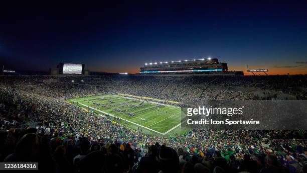 General view of Notre Dame Stadium is seen as the Notre Dame Fighting Irish marching band performs during a game between the USC Trojans and the...