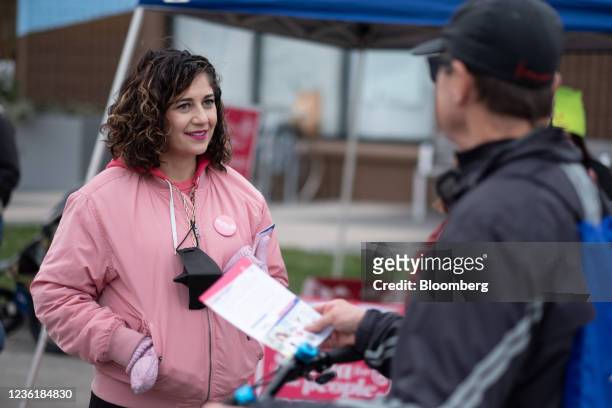 Sheila Nezhad, Democratic mayoral nominee for Minneapolis, speaks to voters at an Open Streets event in Minneapolis, Minnesota in Minneapolis,...