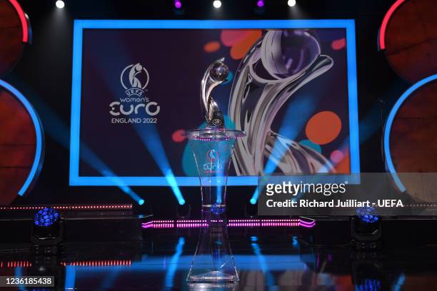 The UEFA Women's EURO trophy on the stage prior to the UEFA Women's EURO 2022 Final Draw at the Victoria Warehouse on October 28 in Manchester,...