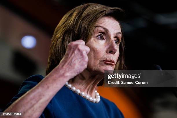 Speaker of the House Nancy Pelosi holds her weekly news conference in the Capitol Visitors Center at the U.S. Capitol building on October 28, 2021 in...