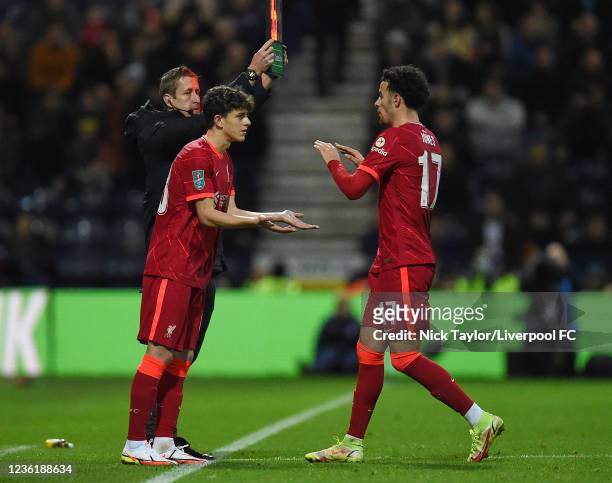 Owen Beck of Liverpool makes his first team debut as he replaces Curtis Jones during the Carabao Cup Round of 16 match between Preston North End and...