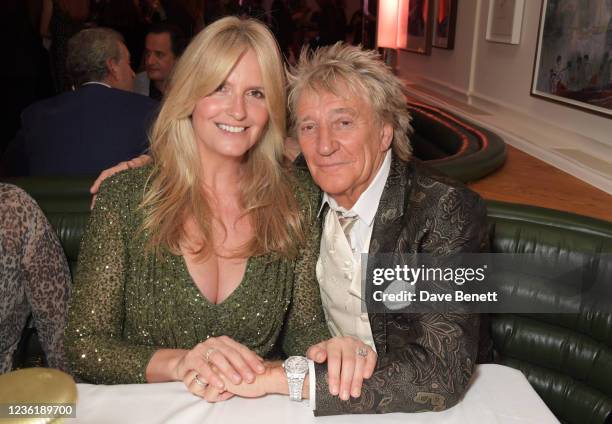 Penny Lancaster and Sir Rod Stewart attend the Langan's Launch Night on October 28, 2021 in London, England.