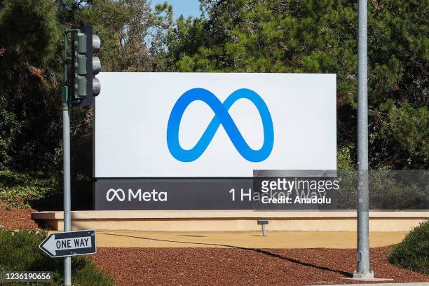 New Meta sign is seen as Facebook changes its company name to Meta at the One Hacker Way in Menlo Park, California, United States on October 28, 2021.
