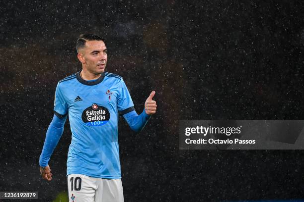 Iago Aspas of RC Celta reacts during the LaLiga Santander match between RC Celta de Vigo and Real Sociedad at Abanca-Balaídos on October 28, 2021 in...