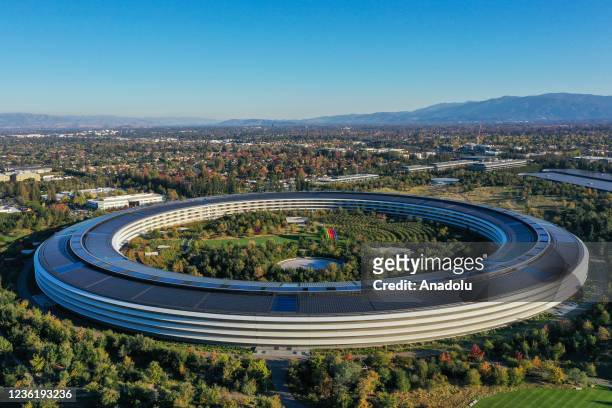 An aerial view of Apple Park is seen in Cupertino, California, United States on October 28, 2021.