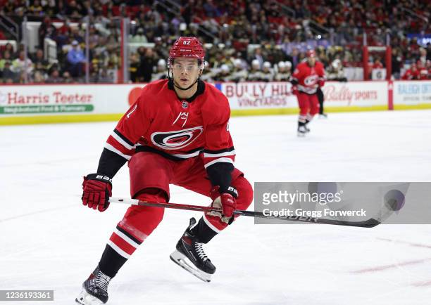Jesperi Kotkaniemi of the Carolina Hurricanes skates for position during an NHL game against the Boston Bruins on October 28, 2021 at PNC Arena in...