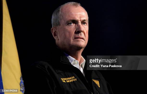 New Jersey Governor Phil Murphy speaks during a Get Out The Vote rally with Senator Bernie Sanders on October 28, 2021 in New Brunswick, New Jersey....