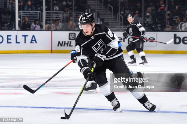 Rasmus Kupari of the Los Angeles Kings skates with the puck before scoring a goal during the first period against the Winnipeg Jets at STAPLES Center...