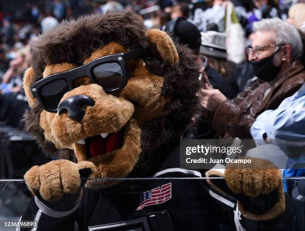 Los Angeles Kings mascot Bailey poses for a photo during the third period against the Winnipeg Jets at STAPLES Center on October 28, 2021 in Los...