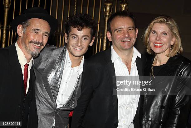 Mark Rylance, Producer Frankie J. Grande, Director Matthew Warchus and Christine Baranski pose at The Opening Night After Party for "La Bete" on...