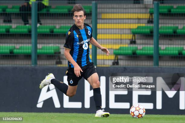Lynnt Audoor of Club Brugge KV controls the ball during the UEFA Youth League match between Club Brugge KV and Manchester City at the Nest Roeselare...
