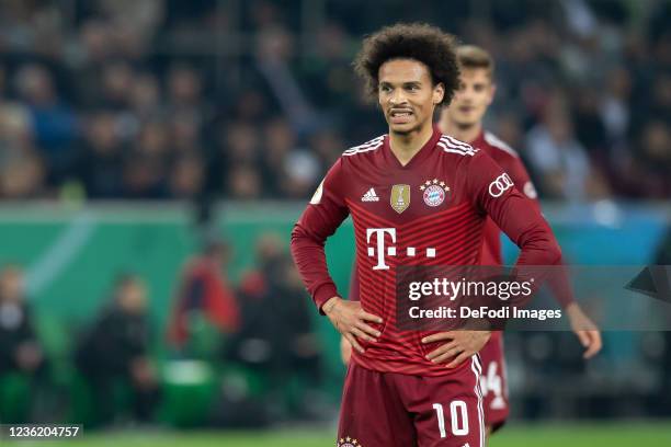 Leroy Sane of Bayern Muenchen looks dejected during the DFB Cup second round match between Borussia Mönchengladbach and Bayern München at Borussia...