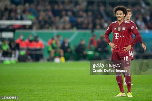 Leroy Sane of Bayern Muenchen looks dejected during the DFB Cup second round match between Borussia Mönchengladbach and Bayern München at Borussia...