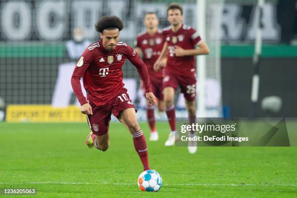 Leroy Sane of Bayern Muenchen controls the ball during the DFB Cup second round match between Borussia Mönchengladbach and Bayern München at Borussia...