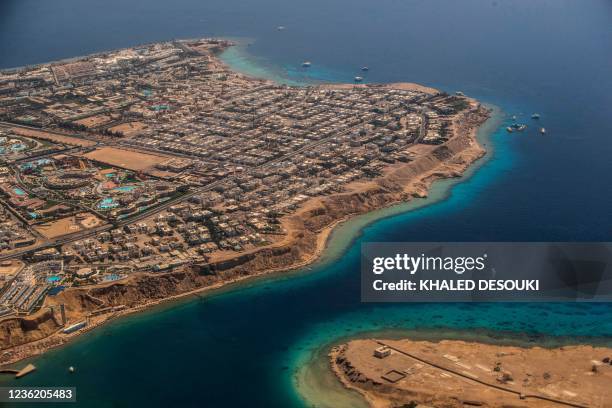 This picture taken on September 27, 2021 shows an aerial view of residential lots and luxury hotels in the Hadaba district of the Egyptian Red Sea...