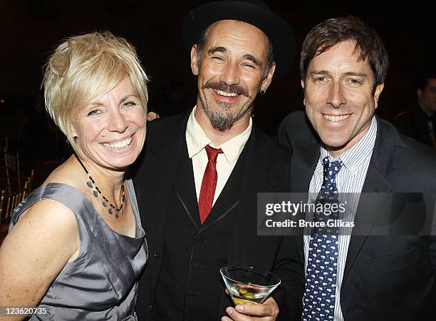 Composer Claire van Kampen, husband Mark Rylance and Playwright David Hirson pose at The Opening Night After Party for "La Bete" on Broadway at...
