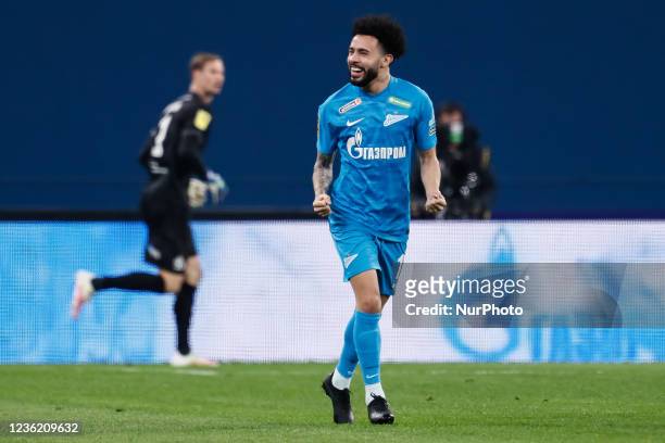 Claudinho of Zenit St. Petersburg celebrates his goal during the Russian Premier League match between FC Zenit Saint Petersburg and FC Dynamo Moscow...