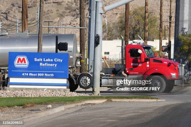 Gasoline truck leaves the Marathon Oil Refinery after it was loaded with fuel in Salt Lake City, Utah, on October 29, 2021. Prices for gasoline rose...