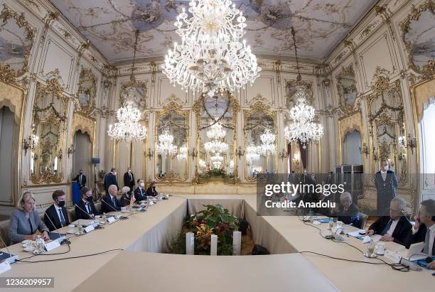 Italian President Sergio Mattarella and US President Joe Biden hold a committee lateral meeting at the Quirinale Presidential Palace, ahead of an...