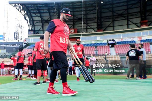 Albert Pujols walk into the field to take part on his first practice during the Leones del Escogido Training Session at Estadio Quisqueya on October...