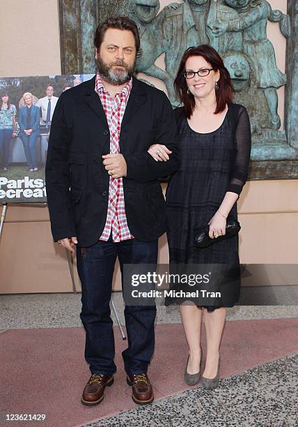 Nick Offerman and Megan Mullally arrive at the "Parks & Recreation" EMMY screening held at Leonard H. Goldenson Theatre on May 23, 2011 in North...