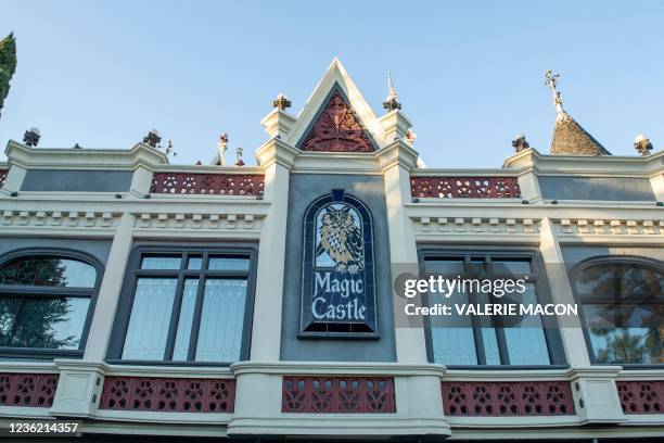 View of the Magic Castle, in Hollywood, California on October 13, 2021. - The stereotype of a magician in a top hat sawing his glamorous, sequinned...