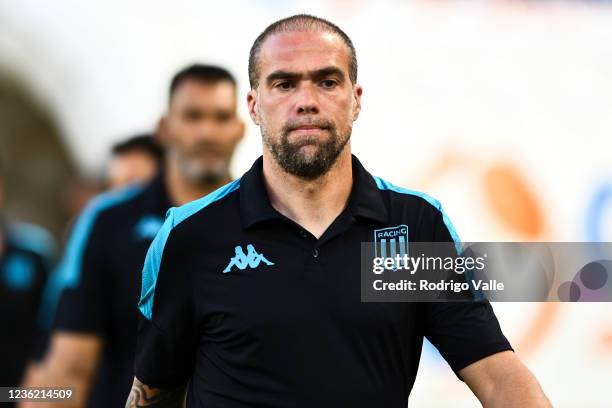 Federico Insua assistant coach of Racing Club gestures prior a match between Racing Club and Defensa y Justicia as part of Torneo Liga Profesional...