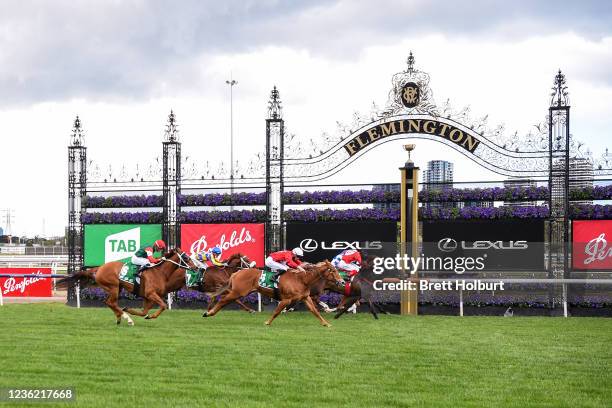 Justacanta ridden by Dean Yendall wins the TAB Not One Day Linlithgow Stakes at Flemington Racecourse on October 30, 2021 in Flemington, Australia.