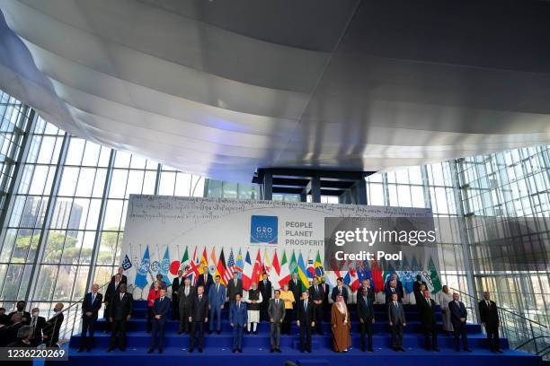 World leaders pose for a group photograph at the La Nuvola conference center for the G20 summit on October 30, 2021 in Rome, Italy. The G20 is an...
