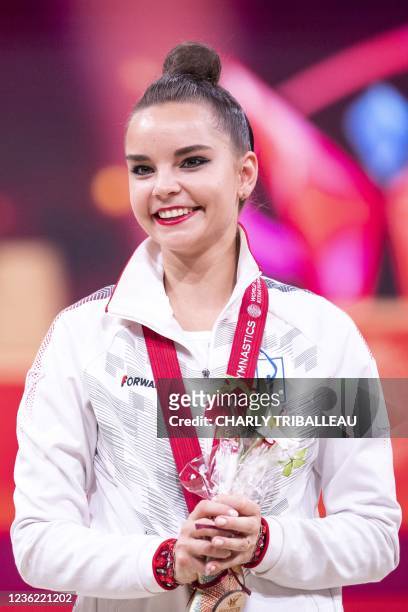 Gold medallist Russia's Dina Averina smiles during the medal ceremony for the individual all-around final during the Rhythmic Gymnastics World...