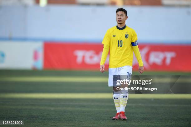 Thanawat Suengchitthawon of Thailand seen in action during the AFC U23 Asian Cup Uzbekistan 2022 Group J qualifying round between Thailand and Laos...