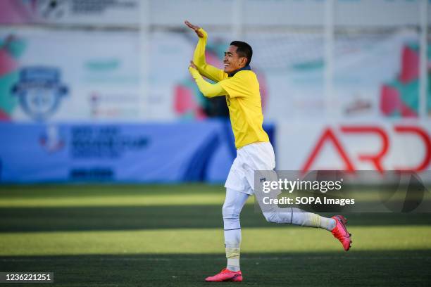 Jakkit Palapon of Thailand seen celebrates a goal during the AFC U23 Asian Cup Uzbekistan 2022 Group J qualifying round between Thailand and Laos at...