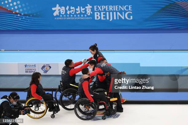 Yan Zhuo, Wang Haitao, Chen Jianxin and Sun Yulong of team China celebrate the victory of the final match against team Sweden during the 2021 World...