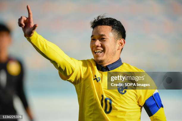 Thanawat Suengchitthawon of Thailand celebrates a goal during the AFC U23 Asian Cup Uzbekistan 2022 Group J qualifying round between Thailand and...