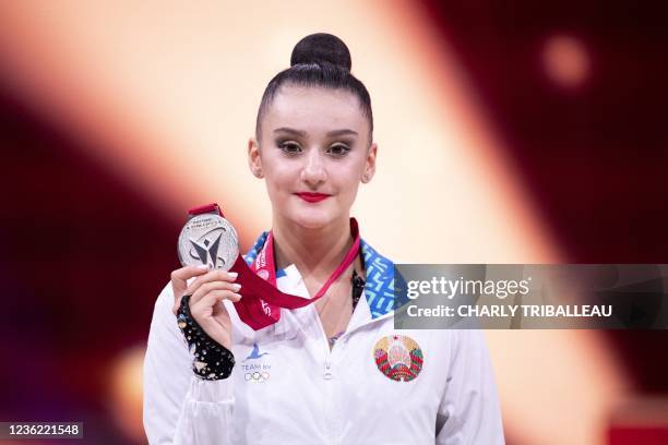 Silver medallist Belarus' Alina Harnasko poses during the medal ceremony for the individual all-around final during the Rhythmic Gymnastics World...