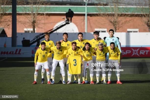 Thailand U-23 players pose for a group photo before the AFC U23 Asian Cup Uzbekistan 2022 Group J qualifying round between Thailand and Laos at the...