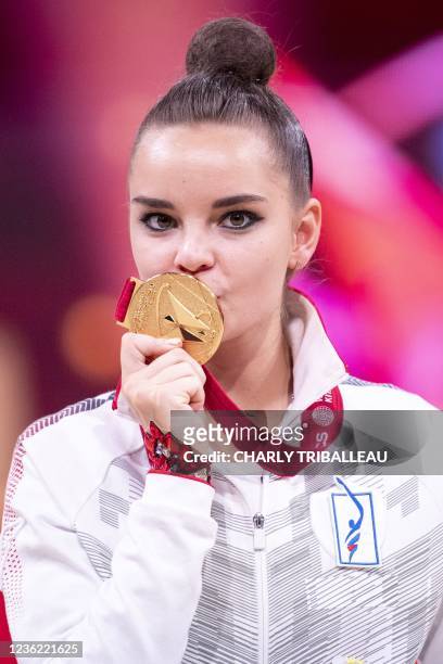 Gold medallist Russia's Dina Averina poses during the medal ceremony for the individual all-around final during the Rhythmic Gymnastics World...