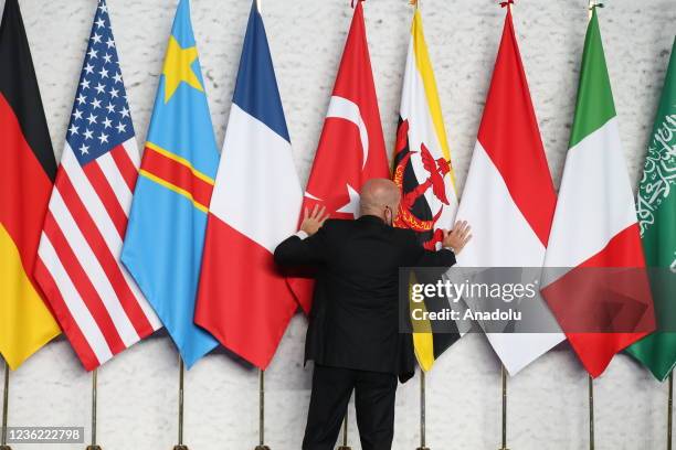 Flags of participant countries organized during the G20 Leaders' Summit at Roma Convention Center La Nuvola in Rome, Italy on October 30, 2021.